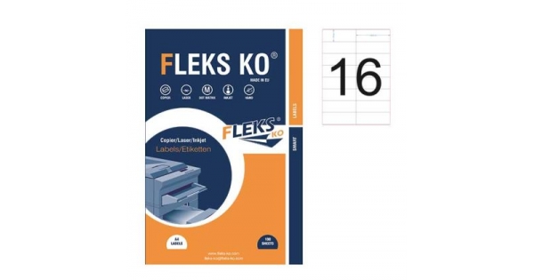 Етикети Fleks Ko Бели, прави ъгли, 105x37 mm A4, 100 л. 16 етик./лист