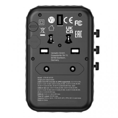 Адаптер Verbatim UTA-05 GaN III Universal Travel Adapter with 2 x USB-C PD 65W & QC 4+ / 2 x USB-A-1