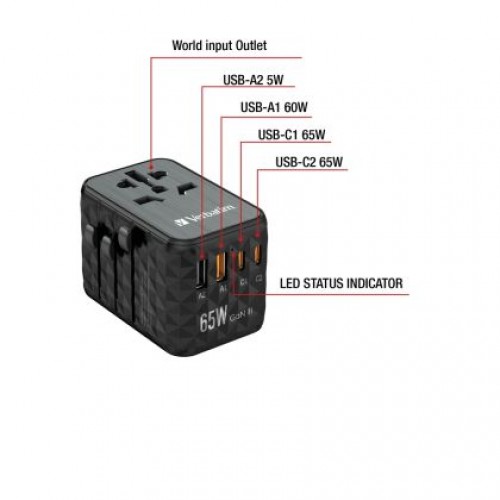 Адаптер Verbatim UTA-05 GaN III Universal Travel Adapter with 2 x USB-C PD 65W & QC 4+ / 2 x USB-A-9