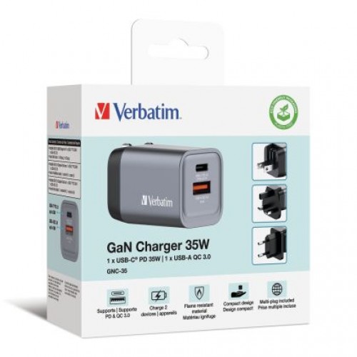 Зарядно устройство Verbatim GNC-35 GaN Charger 2 Port 35W USB A/C (EU/UK/US)-5