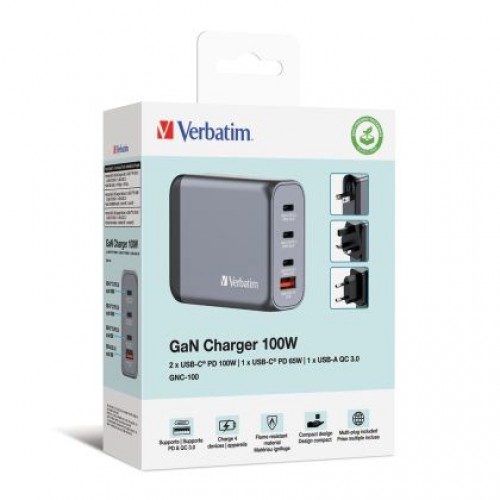 Зарядно устройство Verbatim GNC-100 GaN Charger 4 Port 100W USB A/C (EU/UK/US)-4