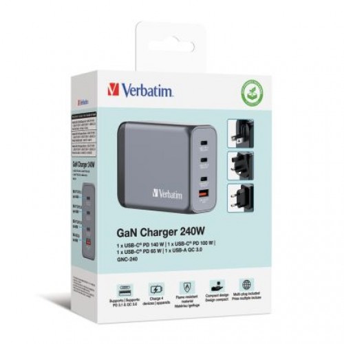 Зарядно устройство Verbatim GNC-240 GaN Charger 4 Port 240W USB A/C (EU/UK/US)-6