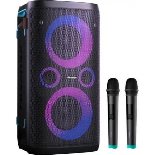 Аудио система Hisense Party Rocker One Plus (HP110) Bluetooth Speaker with 300W Power, Built-in Woofer, Karaoke Mode, Built-in Wireless Charging Pad, AUX Input and Output, USB, 15 Hour Long-Lasting Battery 4 x 2500Ah, 2x mics included
