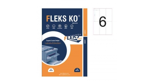 Етикети Fleks Ko Бели, прави ъгли, 70x148 mm A4, 100 л. 6 етик./лист