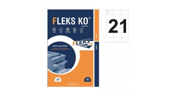 Етикети Fleks Ko Бели, прави ъгли, 70x42.3 mm A4, 100 л. 21 етик./лист