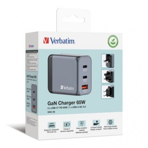 Зарядно устройство Verbatim GNC-65 GaN Charger 3 Port 65W USB A/C (EU/UK/US)-5