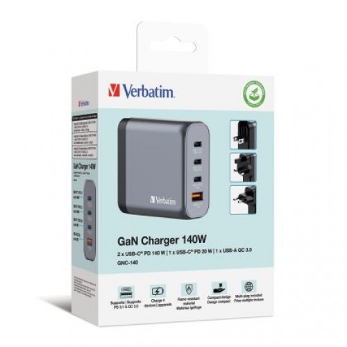 Зарядно устройство Verbatim GNC-140 GaN Charger 4 Port 140W USB A/C (EU/UK/US)-6