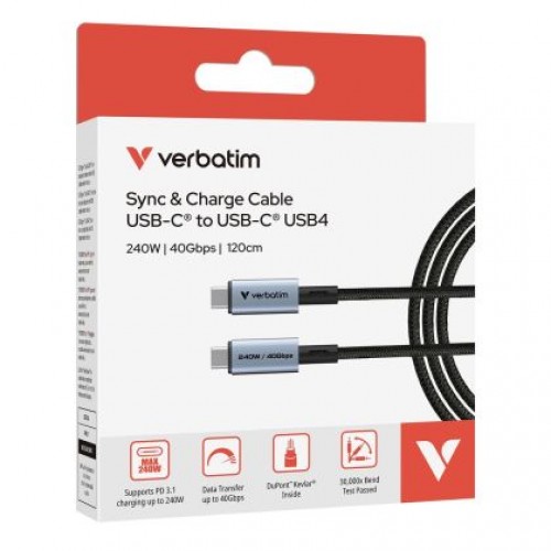 Кабел Verbatim Sync & Charge USB-C to USB-C 240W 40 Gbps 120 cm-3