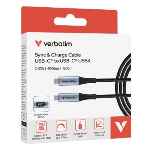 Кабел Verbatim Sync & Charge USB-C to USB-C 240W 40 Gbps Display 120 cm-3