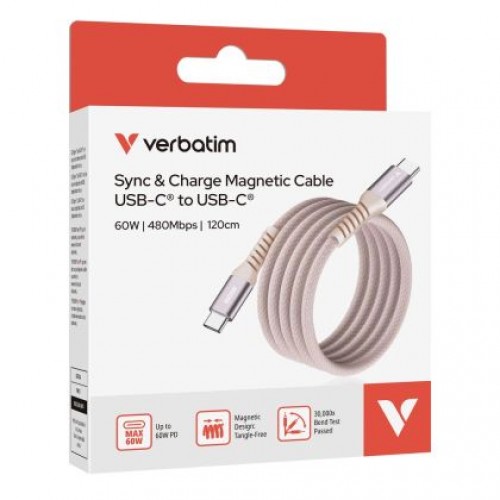 Кабел Verbatim Sync & Charge USB-C to USB-C 60W Magnetic 120 cm - Pink-4