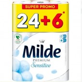 Тоалетна хартия Milde 100% целулоза, трипластова 24+6 бр. Sensitive