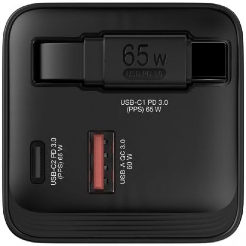 Зарядно устройство Verbatim Mini GaN Charger 65W 2 Port retractable cable display US plugs with EU and UK adaptors-1