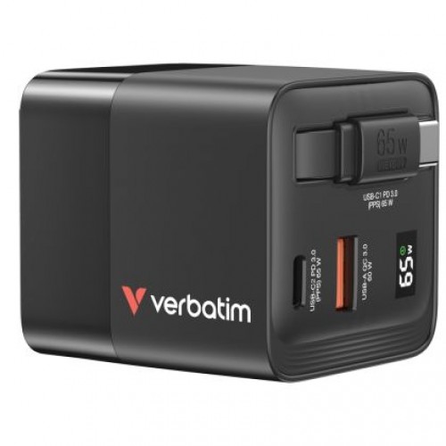 Зарядно устройство Verbatim Mini GaN Charger 65W 2 Port retractable cable display US plugs with EU and UK adaptors-2
