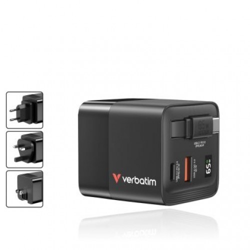 Зарядно устройство Verbatim Mini GaN Charger 65W 2 Port retractable cable display US plugs with EU and UK adaptors-3