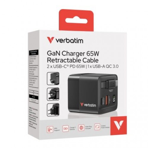 Зарядно устройство Verbatim Mini GaN Charger 65W 2 Port retractable cable display US plugs with EU and UK adaptors-9