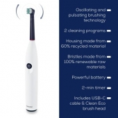 Електрическа четка за зъби Beurer TB 15 Electric toothbrush; 2 cleaning programs; 12days Battery life; 2-min timer; Oscillating, pulsating, brushing technology; Incl. USB-C charging cable and Clean Eco brush head; white