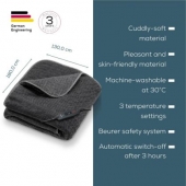 Термоподложка Beurer HD 65 Dark Grey Heated Overblanket; Soft and cuddly surface; 3 temperature;auto switch-off 3 hours; removable switch; washable at 30°, Oko-Tex 100; 180(L)x130(W)cm