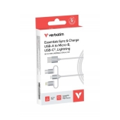 Кабел Verbatim Sync & Charge Cable 3-in-1 USB-A to Micro-B/USB-C/Lightning 18W 100cm - White